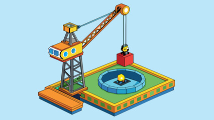 Aufkleber - The massive tall crane stood tall against the blue sky its four legs firmly planted on the ground. At the top the operator stood in the small pit. Cartoon Vector