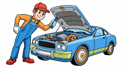 Fototapete - The mechanic raised the hood of the car and began repairing the damaged engine. The engine was a complex web of metal pipes and wires with the. Cartoon Vector