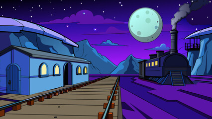 Poster - The midnight sky was a canvas of deep blues and purples dotted with flickering stars and a bright full moon. The old abandoned train station stood in. Cartoon Vector