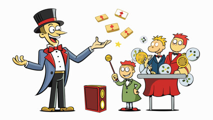 Aufkleber - The magicians hands move with lightning speed as he pulls cards and coins out of thin air. His audience is captivated as he performs mindblowing. Cartoon Vector