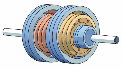 Fototapete - The motor is a small circular object made up of multiple stacked metal discs. At the center there is a metal rod that extends out allowing the motor. Cartoon Vector
