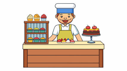 Poster - The owner of a quaint bustling bakery can always be found behind the counter hands expertly kneading dough and carefully decorating pastries with. Cartoon Vector
