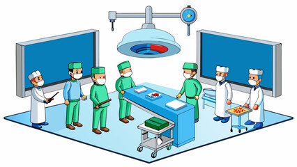 Fototapete - The operating room is a sterile and intimidating environment with bright lights shining down on the metal operating table. Various medical instruments. Cartoon Vector