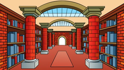 Canvas Print - The old library was a grand building made of red brick and towering pillars. Inside the ceiling was adorned with exquisite murals and the shelves were. Cartoon Vector