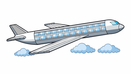 Poster - The plane soared into the sky its powerful engines propelling it upwards. Its sleek silver body was adorned with rows of windows resembling sparkling. Cartoon Vector