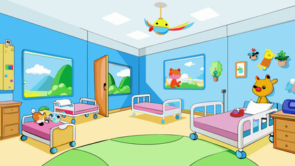 Fototapete - The pediatric ward is a bright and cheerful space with colorful murals decorating the walls and ceiling. Tiny beds adorned with cartoon characters. Cartoon Vector
