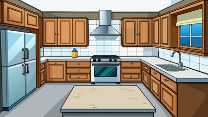 Wall Mural - The smooth polished surface of the marble countertop in the luxurious kitchen suggests wealth and refinement as do the expensive stainless steel. Cartoon Vector