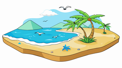 Poster - The soft sand beneath your feet shifts and ripples with each step the sound of waves crashing against the shore filling your ears. In the distance. Cartoon Vector