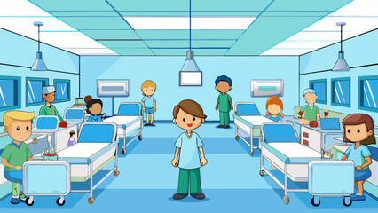 Aufkleber -  The room is brightly lit and filled with rows of beds each with a patient lying in it. The walls are painted a soothing color and there are medical. Cartoon Vector