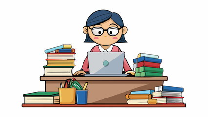 Poster - There is a girl sitting at her desk surrounded by piles of books and a laptop. She is wearing glasses and has a determined look on her face as she. Cartoon Vector