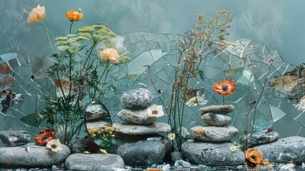 Wall Mural - Still life with stones, glass and flowers