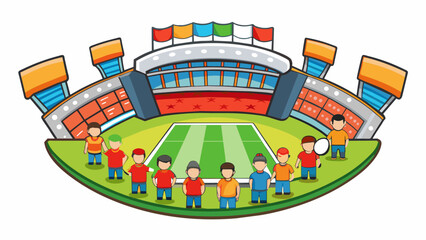 Poster - The roar of the crowd echoes through the air as players in vibrant and matching team jerseys take the field. The grass of the stadium is neatly. Cartoon Vector