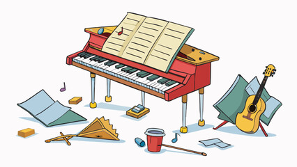 Poster - The surface of the piano is littered with sheet music some open and resting on the music stand while others are tered on the keys. A metronome sits on. Cartoon Vector