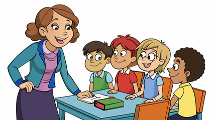 Poster - The teacher leaned casually against her desk chatting with a group of middle school students during a break. Her casual attire and friendly demeanor. Cartoon Vector
