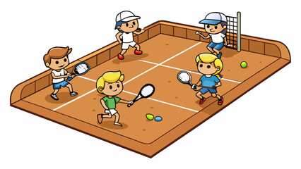 Aufkleber - The sun beats down on a group of players as they gather on a clay court their feet sinking into the soft reddish surface with each step. The players. Cartoon Vector