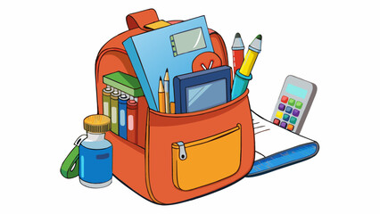 Fototapete - The students backpack was overflowing with books notes and supplies. Tucked a the chaos was a calculator with a worn screen and a pack of shard. Cartoon Vector