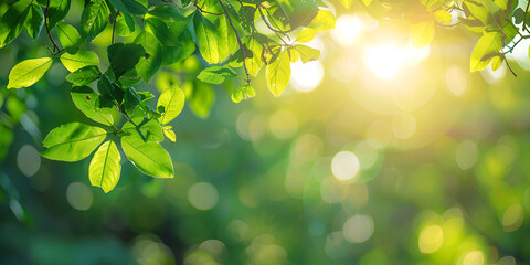 Wall Mural - New fresh leaves on green spring bokeh blur background Blurred bokeh background of fresh green spring, summeNew fresh leaves on green spring bokeh br foliage of tree leaves with blue sky and sun flare