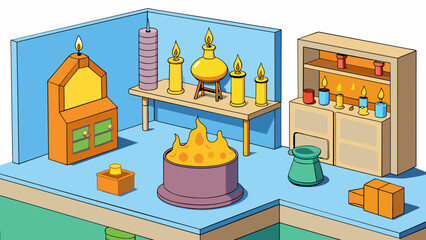 Sticker - The studio was filled with the sweet scent of beeswax coming from a hot plate in the corner. Shelves lined the walls displaying intricate sculptures. Cartoon Vector