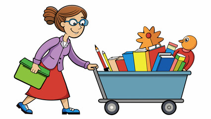 Poster - The teacher pushed a cart filled with books art supplies and other materials into the crowded classroom. With her hair in a messy bun and a large tote. Cartoon Vector