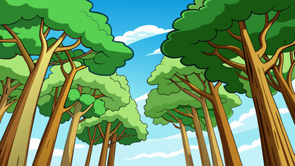 Fototapete - Towering trees their trunks thick and gnarled reaching towards the vast blue sky above. Their leaves rustle in the wind dancing to a symphony only. Cartoon Vector