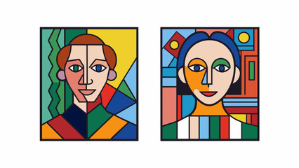 Poster - Two paintings one is a colorful abstract piece with bold brushstrokes and geometric shapes while the other is a realistic detailed portrait with muted. Cartoon Vector