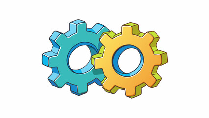 Poster - Two gears interlocking and turning together representing the importance of teamwork and collaboration in a successful relationship as both partners. Cartoon Vector