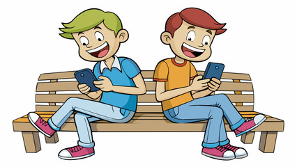 Fototapete - Two friends sitting on a bench in a park both holding cell phones and texting furiously. Their heads are close together and they occasionally laugh. Cartoon Vector