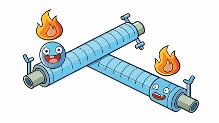 Aufkleber - Two parallel pipes with fins attached resembling the shape of a car radiator. One pipe carries hot fluid while the other carries cold fluid. The fins. Cartoon Vector