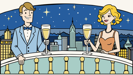 Poster - Two champagne glasses set on a balcony overlooking the city at night representing a wealthy and luxurious affair between a businessman and his. Cartoon Vector