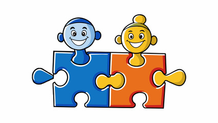 Aufkleber - Two puzzle pieces fitting perfectly together symbolizing the complementary association between two individuals or ideas.. Cartoon Vector