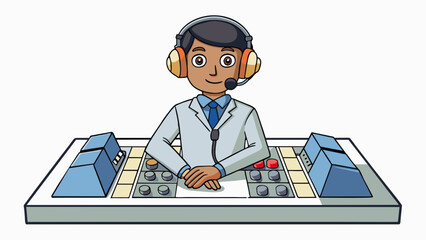 Fototapete - With headphones over their ears the director sat in front of the control panel monitoring every aspect of the production. From adjusting lighting to. Cartoon Vector