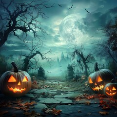 Wall Mural - Spooky Halloween night with pumpkins and a haunted house in the background