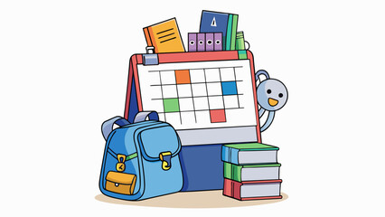 Poster - A backpack overflowing with binders notebooks and textbooks with a class schedule hanging on the wall. The student has organized their materials by. Cartoon Vector