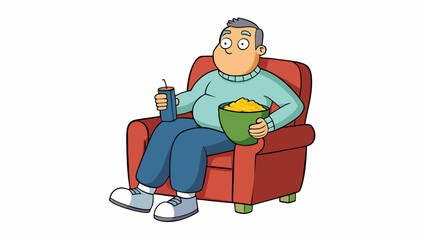 Fototapete - A balding man in sweatpants and a faded college sweatshirt lounging on a LaZBoy recliner with a bowl of popcorn and a TV remote in hand.. Cartoon Vector
