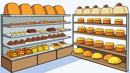 Poster - A bakery section filled with the heavenly scent of freshly baked bread and pastries. Shelves are lined with racks of fluffy bread loaves rows of cakes. Cartoon Vector
