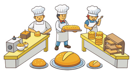 Poster - A bakery is filled with the sweet aroma of freshly baked bread as workers carefully knead and shape dough to create various loaves. The production is. Cartoon Vector