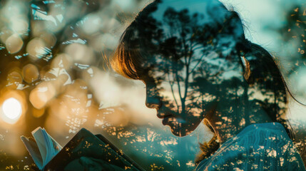 Wall Mural - Young woman reading a book, double exposure with forest. Imagination and fantasy concept