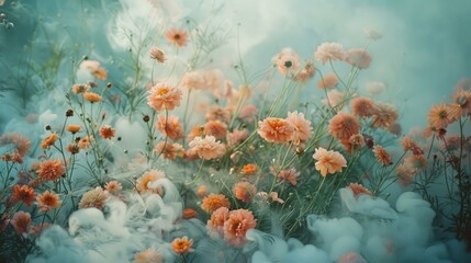 Poster - ethereal flower field with peach colored flowers and white wispy clouds