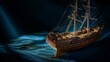 An intricately detailed model of a wooden sailing ship, positioned on a dark, oceanic blue studio background.