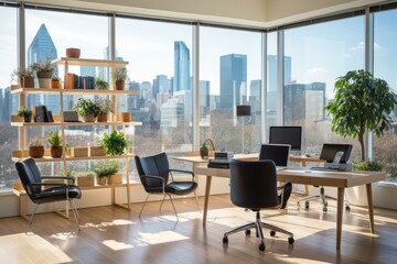 Wall Mural - Modern office interior with large windows and city view