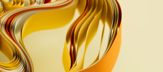 Poster - Beige and yellow layers of cloth or paper warping. Abstract fabric twist with shallow DOF. 3d render illustration