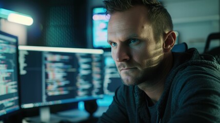 The picture of the software developer or programmer working with the computer and data inside the dark room with monitor, the developer require skills like problem solving and program language. AIG43.