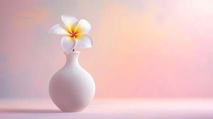 Wall Mural - An elegant, minimalist ceramic vase containing a single, perfect bloom of an exotic flower, placed against a soft, pastel studio background.