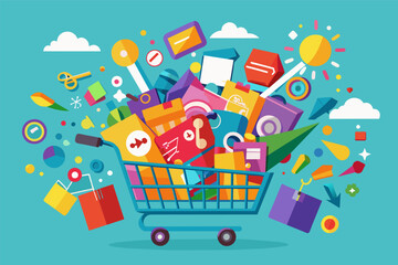 Poster - search bar filled with colorful keywords flows seamlessly into a shopping cart overflowing with purchases