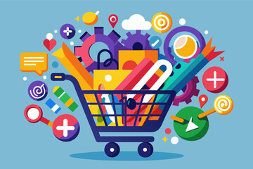 Poster - search bar filled with colorful keywords flows seamlessly into a shopping cart overflowing with purc