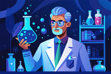 Aufkleber - scientist in a lab coat, holding a vial of glowing blue liquid with a look of discovery