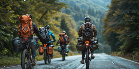 Wall Mural - A group of cyclists goes on an adventure trip along a forest road