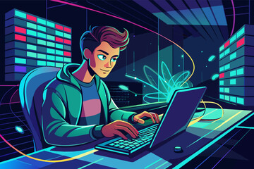 Aufkleber - programmer, fingers flying across the keyboard, writes lines of code that appear to illuminate the room like neon signs