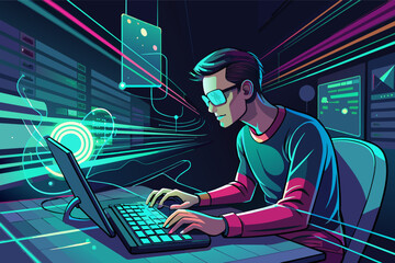 Leinwandbilder - programmer, fingers flying across the keyboard, writes lines of code that appear to illuminate the room like neon signs