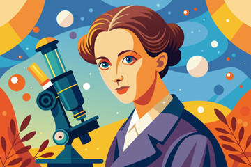 Poster - portrait of a groundbreaking woman in science, gazing through a microscope with a determined expression